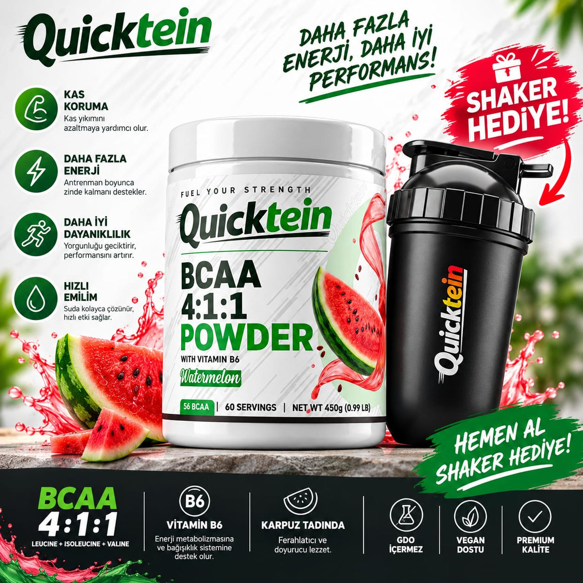 BCAA 4:1:1 Powder 60 Servis – Karpuz Aromalı